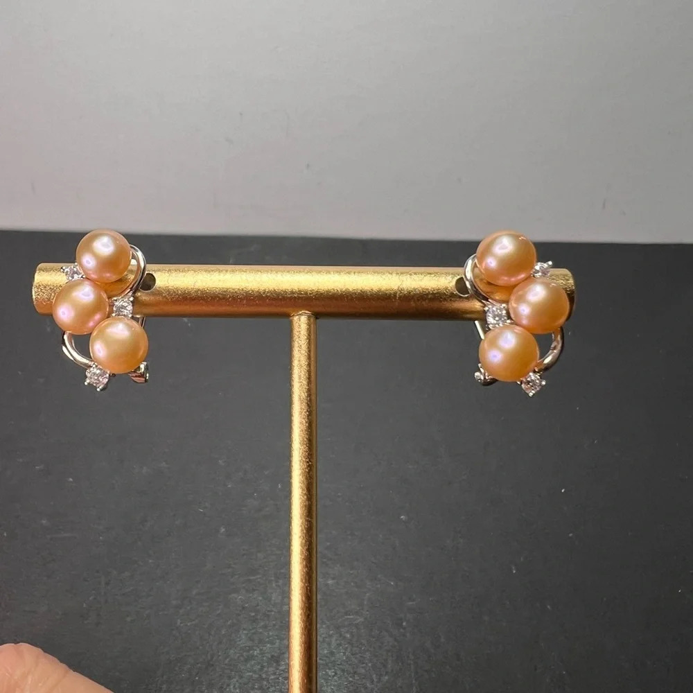 Pink Freshwater and CZ Rhodium Over Sterling Silver Earrings with omega backs